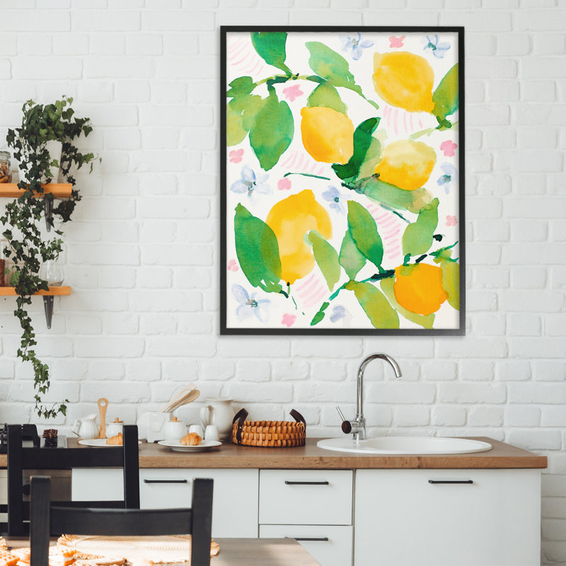 «Garden Lemons with Pastel Florals», estampe numérique, conception de Lanie Loreth, Giclée encadrée noir minuit