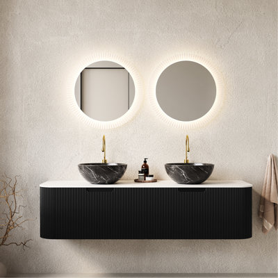 Meuble de rangement pour salle de bain de 60 po, 2 tiroirs, lavabos en céramique noire, motif de pierre, fini rayé 3D, contreplaqué haute résistance, espace généreux