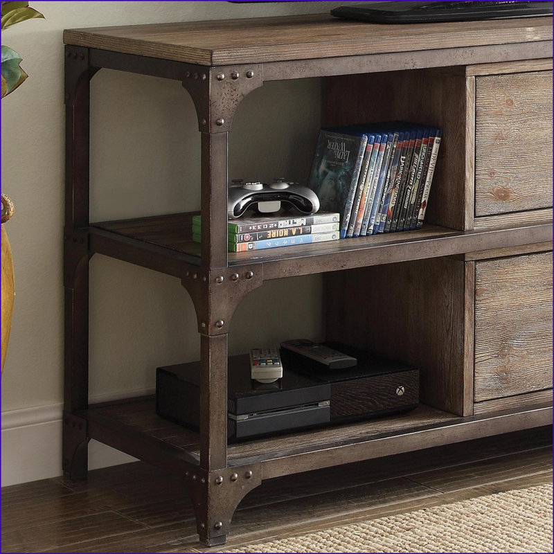 Meuble télé, chêne patiné moderne Argent antique avec rangement | 60,5 po de largeur | Chêne + argent | Taille du téléviseur: 50 à 59 pouces