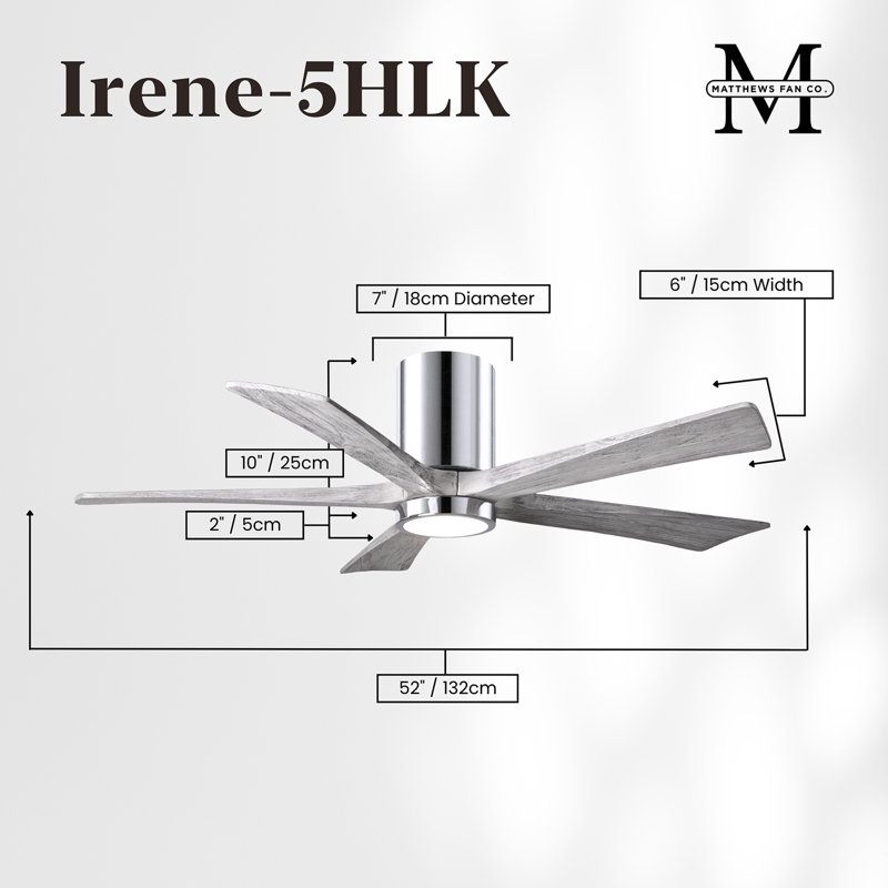 Irene Flushmount Light Kit 5 Blade LED Ceiling Fan, Polished Chrome, Barn Wood Tone, 52"