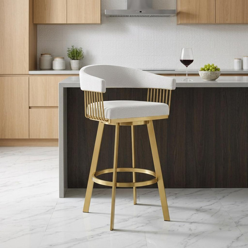 Robinett Modern Swivel Counter or Bar Height Bar Stool with Arms and Open Low Back in Metal and Faux Leather, Taupe