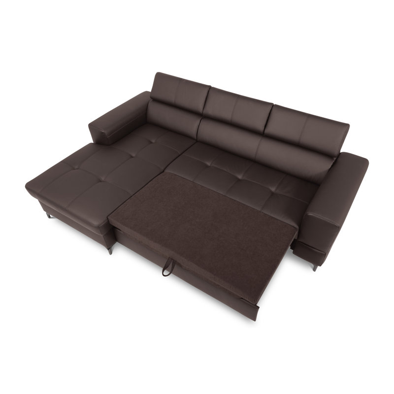 Tinos Genuine Leather Corner Sofa with Pull Out Bed with Storage and Adjustable Headrests, Left Hand Facing, Brown