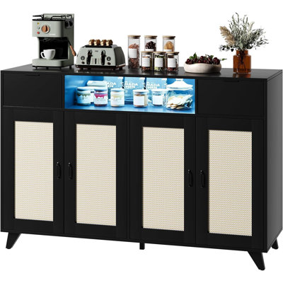 Rattan Sideboard Buffet Cabinet With 4 Doors 2 Drawers Built In Power Outlet Usb Ports Adjustable Shelves Anti Tip Kit Black For Kitchen Dining Room Living Room Hallway