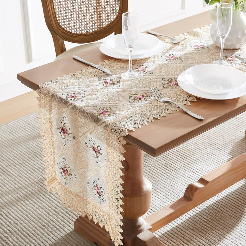 Rushad Runner Floral Lace Table Runnner, 16" W x 48" L, Beige