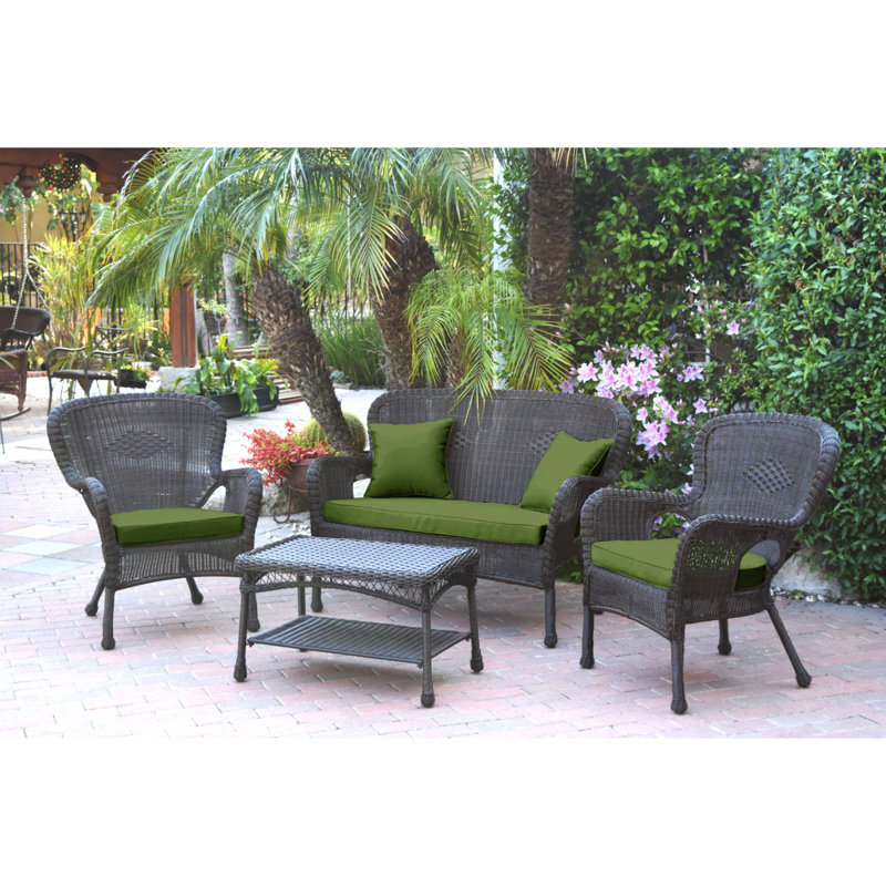 Bellas 4 Piece Sofa Set with Cushions, Espresso, Hunter Green