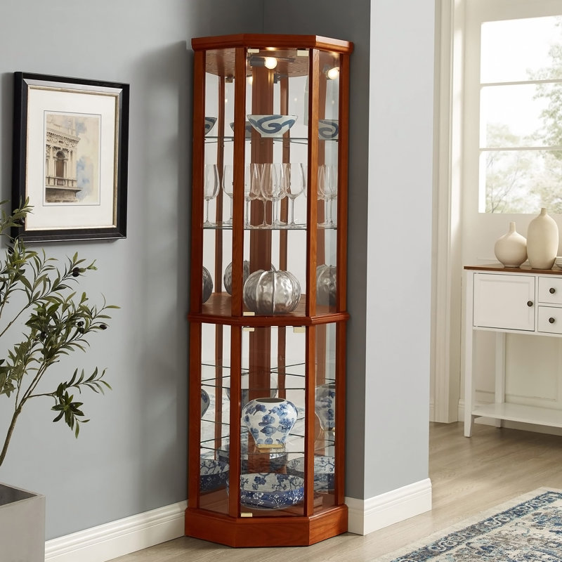 Vitrine de coin éclairée 6 tablettes avec tablettes en verre trempé et miroir, Chêne