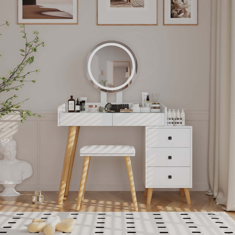 Dressing Table With LED Lights Glass Top Dressing Table With Extendable Side Table 5 Drawers Dressing Table With Mirror And Stool For Bedroom