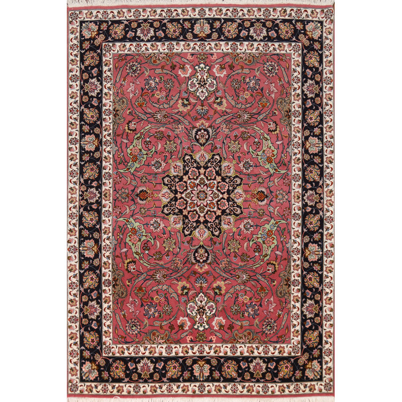 Tapis traditionnel rose fait à la main à motif floral 4 x 7