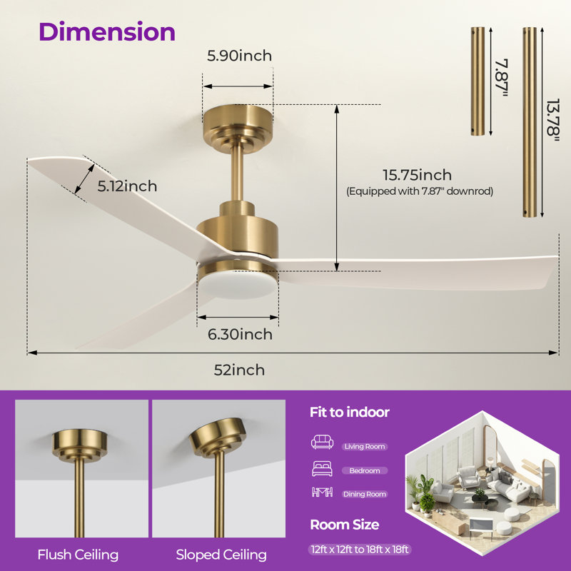 Karlena 52'' Modern Dimmable Ceiling Fan With Lights and Remote 3CCT 6-Speed Reversible DC Motor Timer Memory