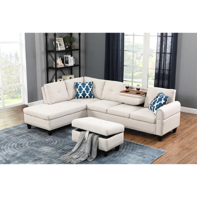 Canapé modulaire en L beige de 3 pièces avec rangement et coussins décoratifs, idéal pour les loisirs, siège central rabattable, deux porte-gobelets, accoudoirs arrondis, similicuir neutre, coussins à ressorts en mousse