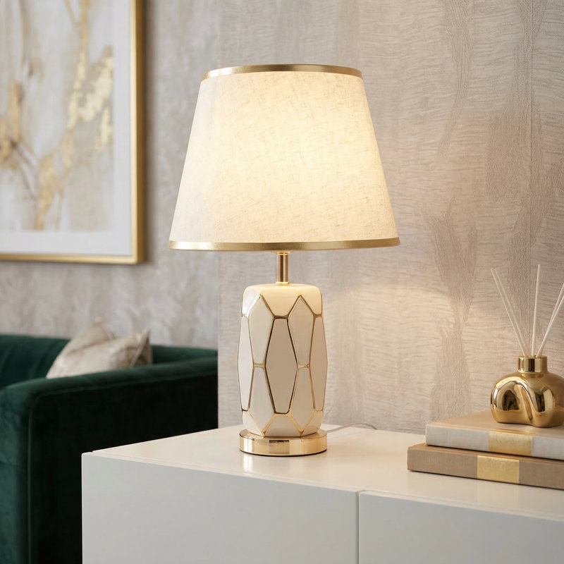Modern Nightstand Ceramic Table Lamp With Fabric Lamp Shade With 3-color Light Bulb