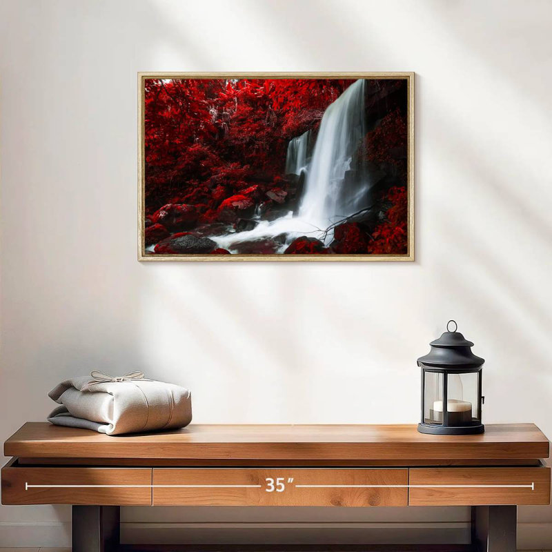 Chute d'eau rouge d'automne, Cadre flottant en bois naturel, 19 po x 13 po