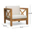 Chaise moderne du milieu du siècle : en bois avec coussins d'assise imperméables pour l'extérieur, revêtue de tissu d'ameublement.
