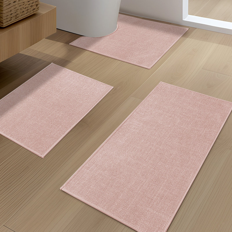 3 Piece Linen-Look Bath Rug Set with Non-Slip Backing, Pink