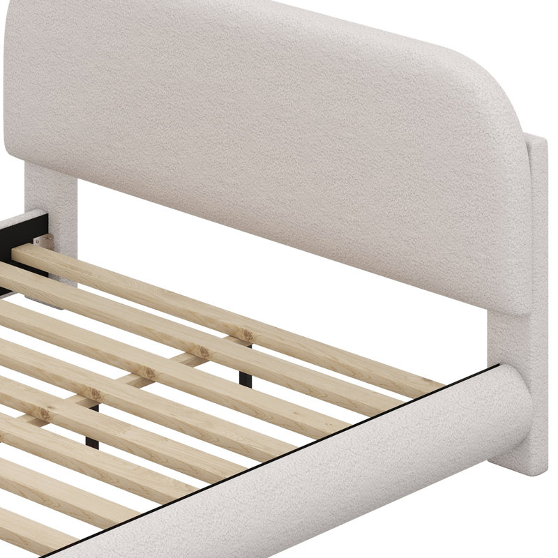 Lit plateforme tapissier avec tissu épais, structure solide et design courbé élégant, Beige, Grand lit