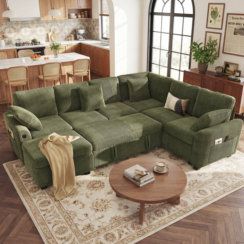 Canapé-lit modulaire en L rembourré en L 106 po avec lit escamotable et repose-pieds avec rangement Palma, GREEN