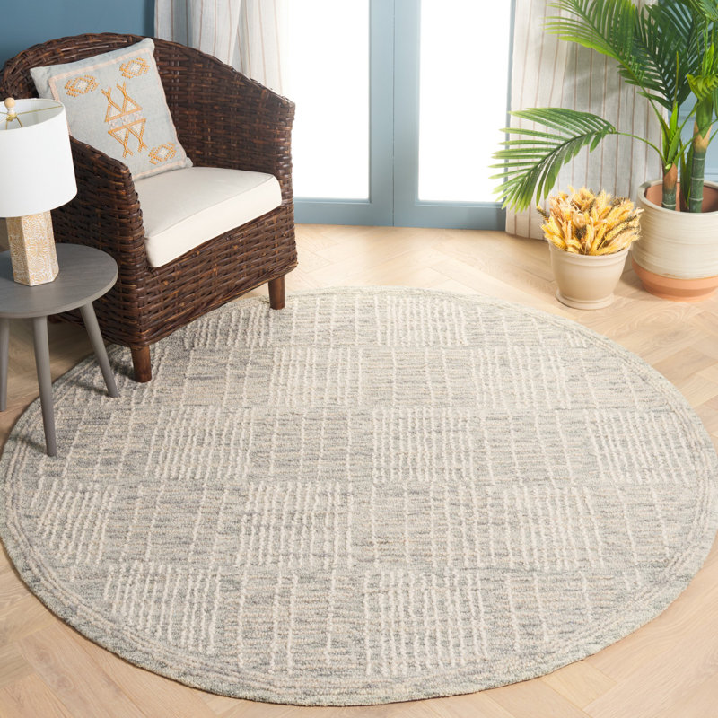 Wigbrecht Abstract Hand Tufted Wool Cotton Geometric Rug in Ivory/Gray, Round 6'