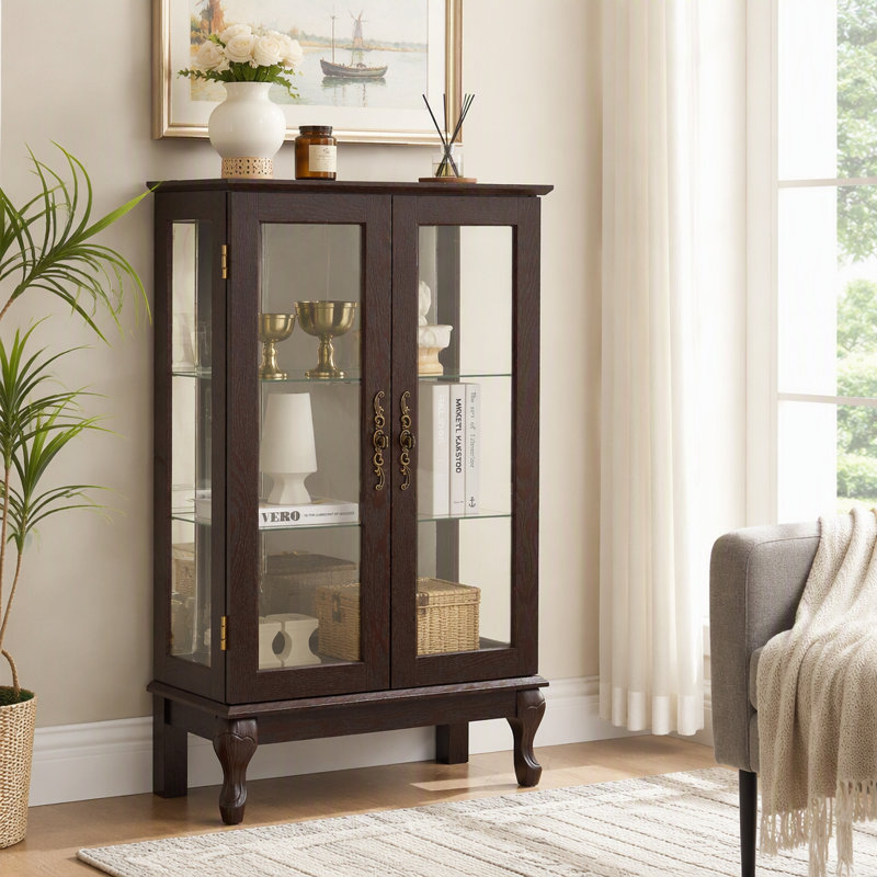 Vitrine 2 portes exquise avec verre trempé, dossier en miroir, tablettes réglables et éclairage pour mettre en valeur des objets précieux