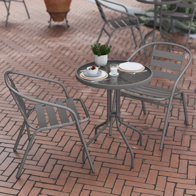 Amlie 23.75" Round Glass Metal Table with 2 Metal Aluminum Slat Stack Chairs