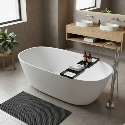 Solid Surface Matte Oval Bathtub, 67 Stone Resin Freestanding Soaker Tub, Overflow, Pop - Up Drain, Smooth And Delicate Touch, No Skin Cutting Design Burrs
