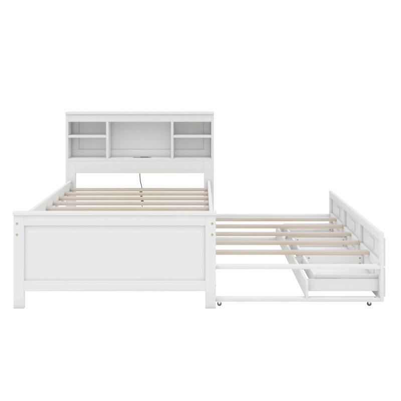 Lit plateforme avec tête de lit avec rangement, ports USB, lit gigogne simple et 3 tiroirs, Lit simple, Blanc