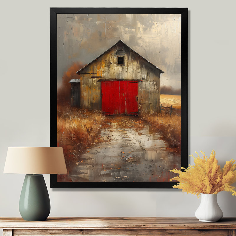 «Gray Red Vintage Autumn Vibes Barn», reproduction d'art murale grange, H 32 po x l 16 po x P 1 po