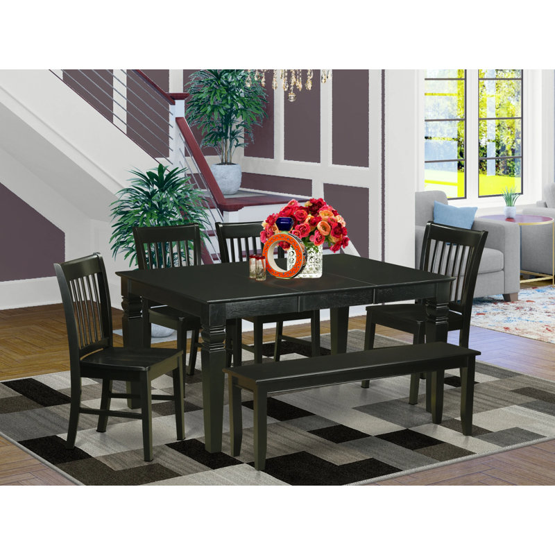 L'ensemble 6 pièces de table et chaises de cuisine comprend une table de salle à manger rectangulaire avec rallonge papillon et 4 chaises avec banc, noir