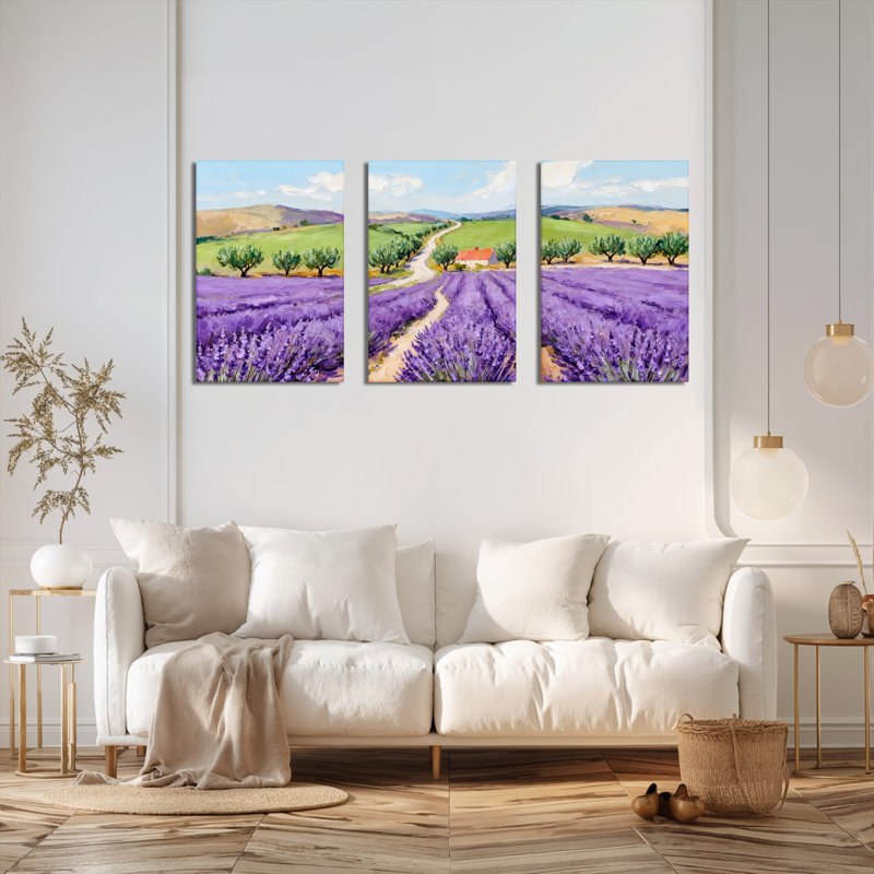 Lavande sur champ, peinture à l'huile sur toile, impression de paysage (ensemble de 3), H 18 po x l 36 po
