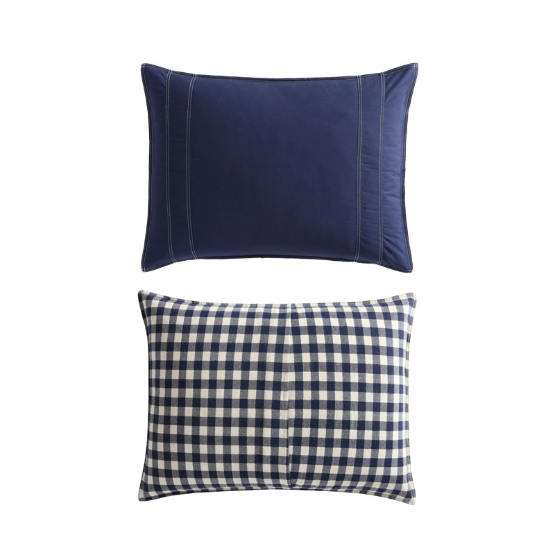 Eddie Bauer Kingston Gingham Cotton Reversible Comforter Set, Full/Queen Comforter + 2 Standard Shams, Navy Blue