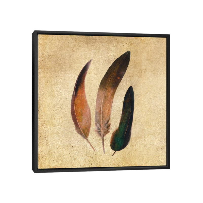 Trois plumes, impression carrée sur toile tendue, H 18 po x l 18 po x P 1,5 po, Toile avec cadre noir, Pas de tapis