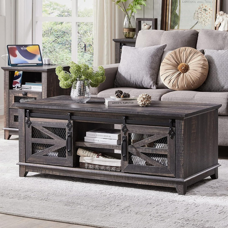 Farmhouse 48" Coffee Table with Sliding Barn Door and Adjustable Shelf, Rustic Brown