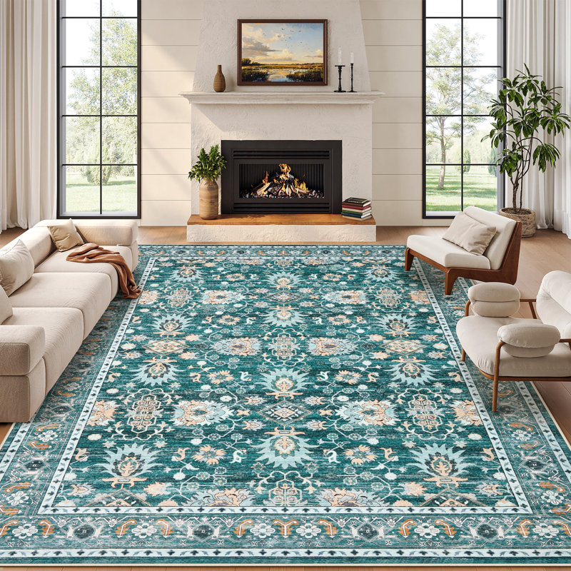 Garvee Large Area Rug 9x12 Vintage Rug Non Slip, Thin Washable Oriental Carpet, Soft Non Shedding Floor Covering, Low Pile Foldable Printed Mats for Open Spaces Office Hotel, Green