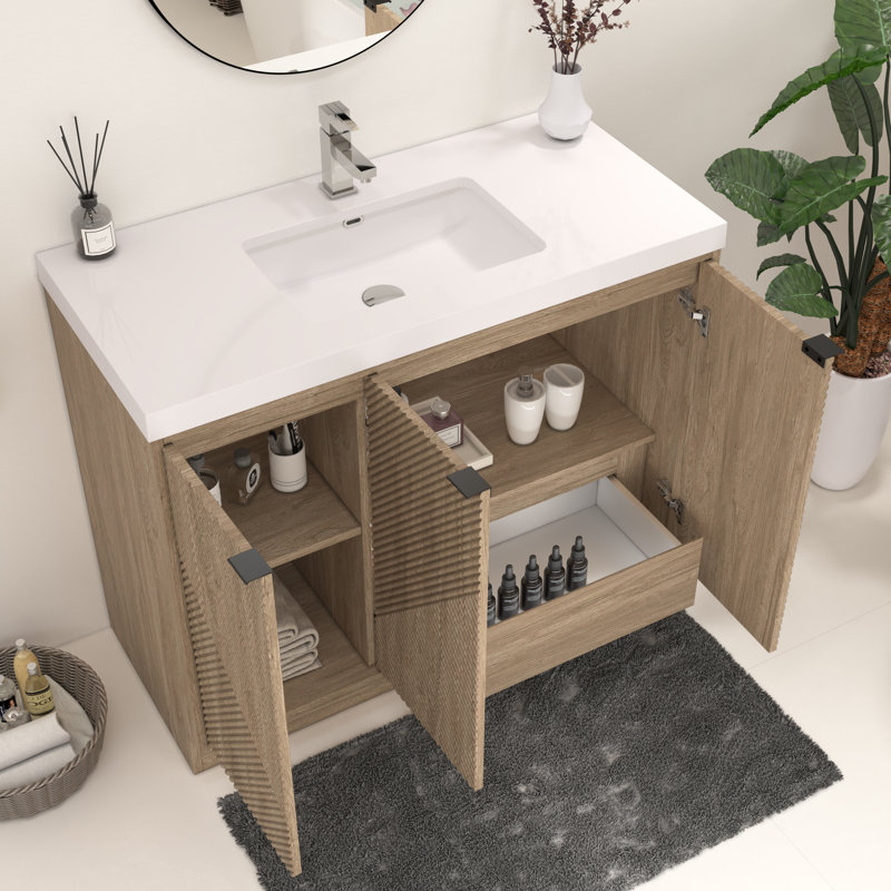 Meuble-lavabo autoportant 41,7 po Monterey + lavabo en acrylique noir renforcé (portes à droite), 42", Marron clair