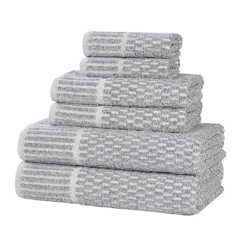 Juno Viscose Cotton Blend Medium Weight Textured Checkered Ribbed Border Towel Set, 6 Piece Towel Set, Charcoal