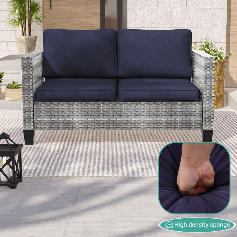 Outdoor PE Rattan Loveseat Sofa, Gray, Navy Blue