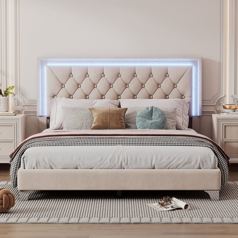 Mikhale Modern Velvet Platform Bed with Tufted Headboard and LED Lights, Beige, Queen