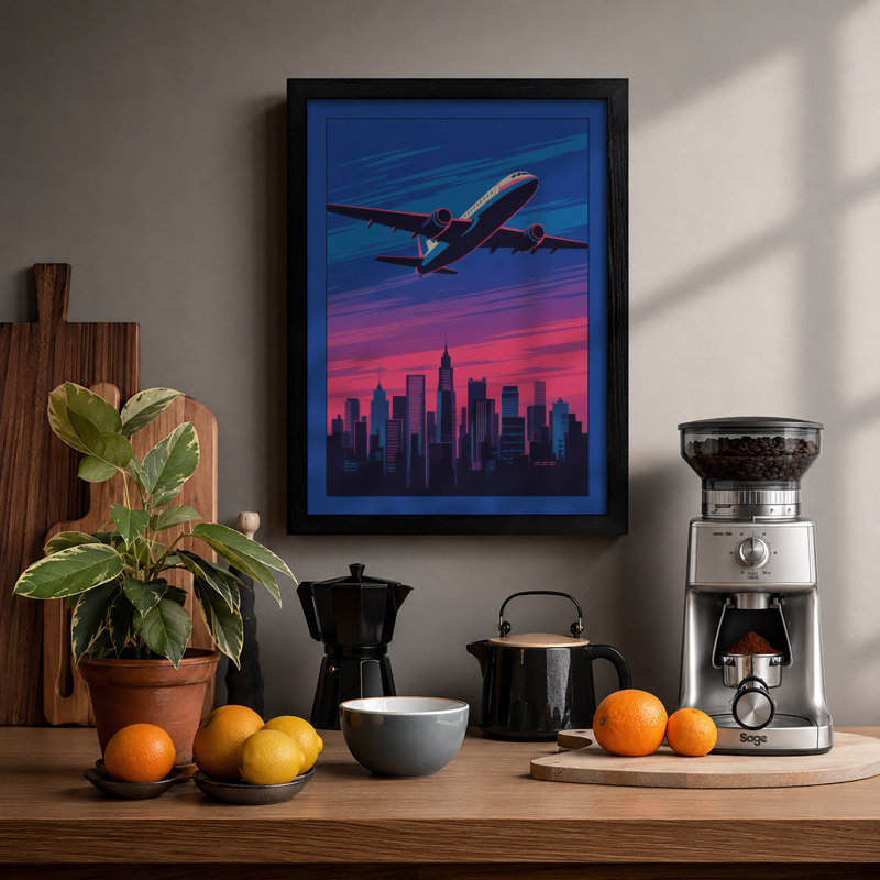 Flight Over City Modern - Framed Print, A4 - 29.7 x 21.0 cm, Black