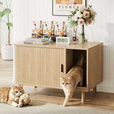Armoire à litière pour chat 34 ", enceinte de litière cachée en bois avec porte coulissante et tapis pour litière, maisonnette cannelée d'intérieur moderne, pour chambre à coucher, salon