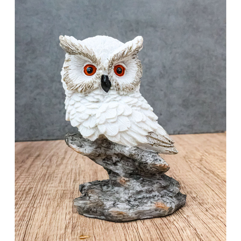 Whimsical White Snow Night Owl Perching On Tree Branch Figurine Décor