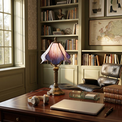 Stained Glass Table Lamp, Vintage Bronze Accent Desk Lamp With Purple Petal Lampshade, Button Control Decorative Lighting