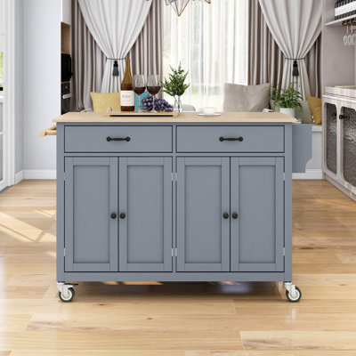 Chariot pour îlot de cuisine gris bleu avec bureau en bois massif robuste et rangement, armoire à 4 portes, 2 tiroirs, porte-épices et porte-serviettes, roues verrouillables à l'ombre