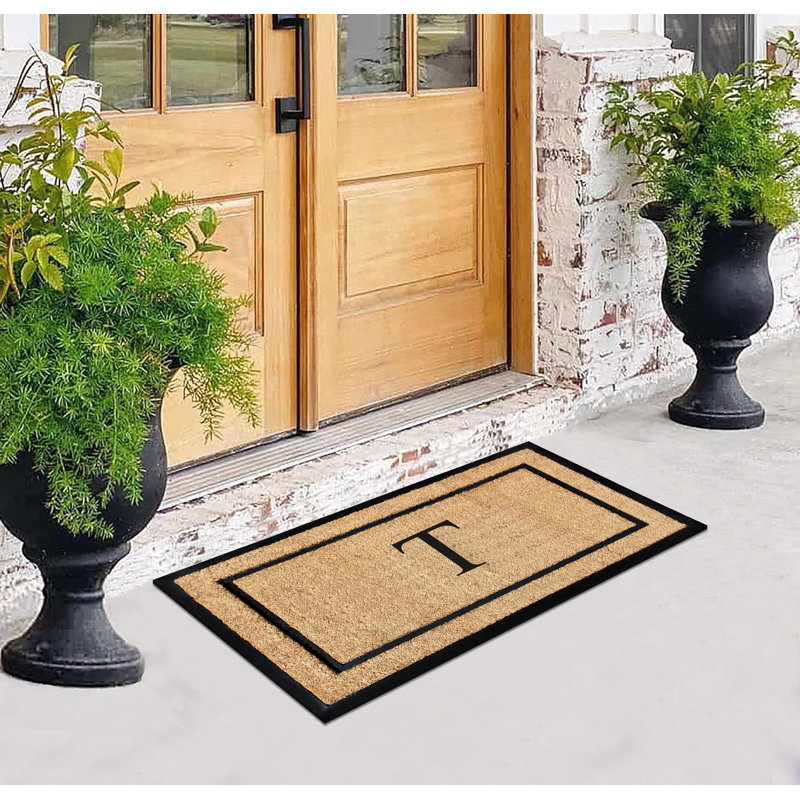 Danielian Rubber Coir Classic Border Monogrammed Doormat  24" x 48" Non-Slip Outdoor Door Mat, T