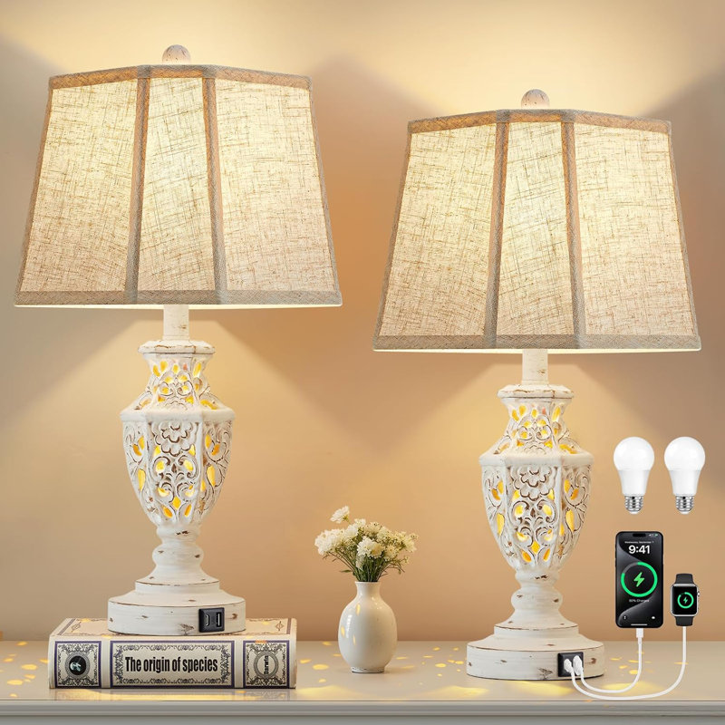 23.5" Vintage Bedside Lamps Set Of 2 With USB A+C And Nightlight - Retro Carved Resin Farmhouse Desk Lamp For Bedrooms, End Tables, Living Room, Bulbs Included