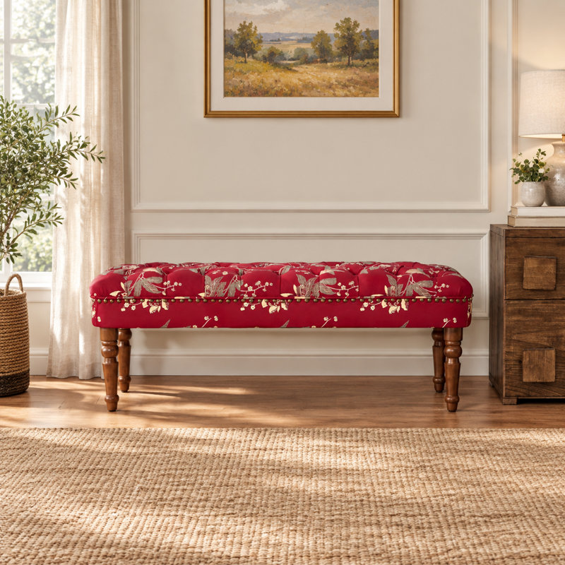 Banc capitonné capitonné avec pieds en bois tournés, Rouge