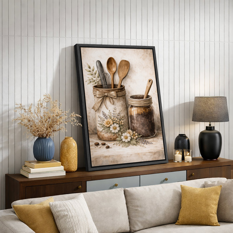 «Rustic Kitchen Tools Jar Still Art», images de cuisine, impression sur toile encadrée, H 36 po x l 24 po x P 1,5 po
