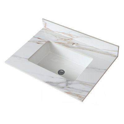 Comptoir de meuble-lavabo en marbre 31 po, comptoir de salle de bain avec lavabo central encastré rectangulaire et dosseret de 4 po de hauteur, comptoir pré-percé, blanc de Carrare avec veines