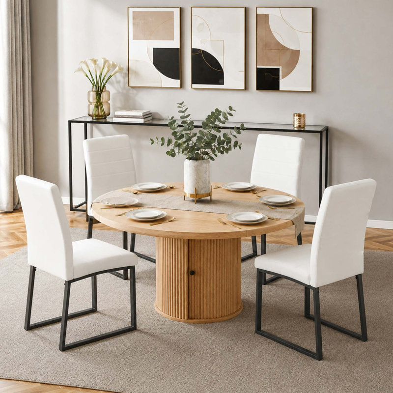 Ensemble de chaises de salle à manger rembourrées en polyuréthane 4 pièces avec table ronde romaine et rangement, White