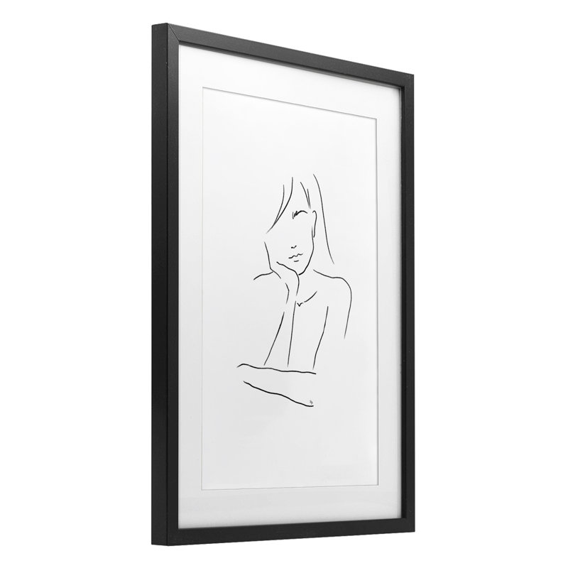 Triste femme, dessin au trait encadré sous verre, design par Martina Pavlova, H 20 po x l 14 po, Cadre noir minuit