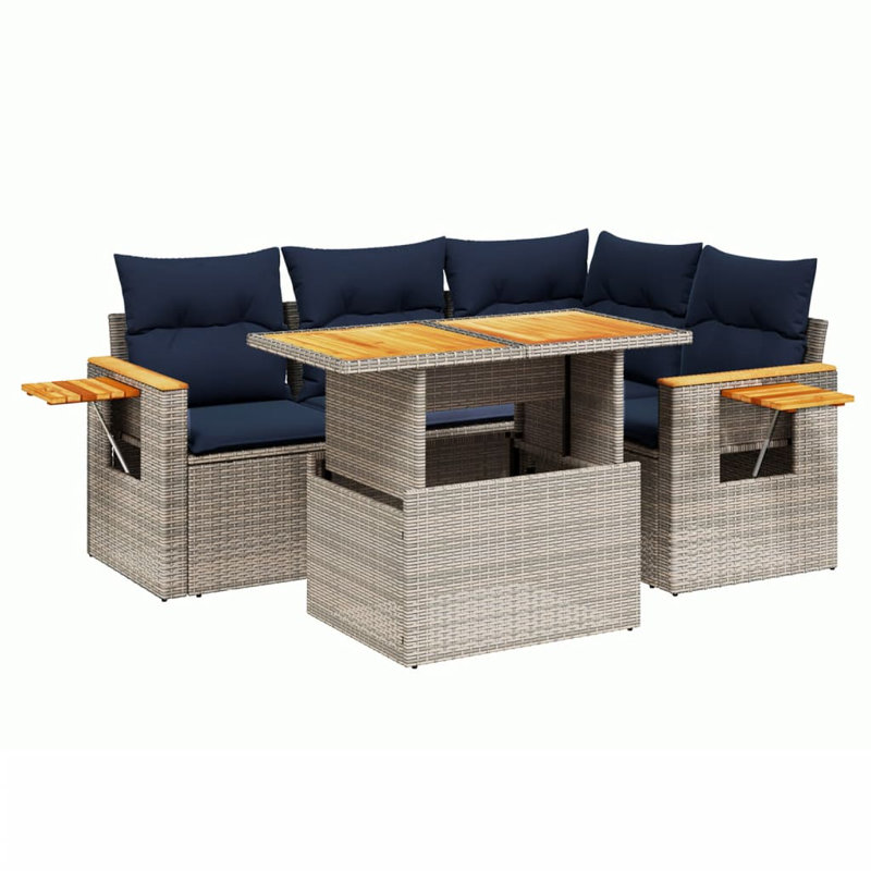  Ensemble de canapé de patio 5 pièces avec coussins en rotin de polyester, Bleu, Gris