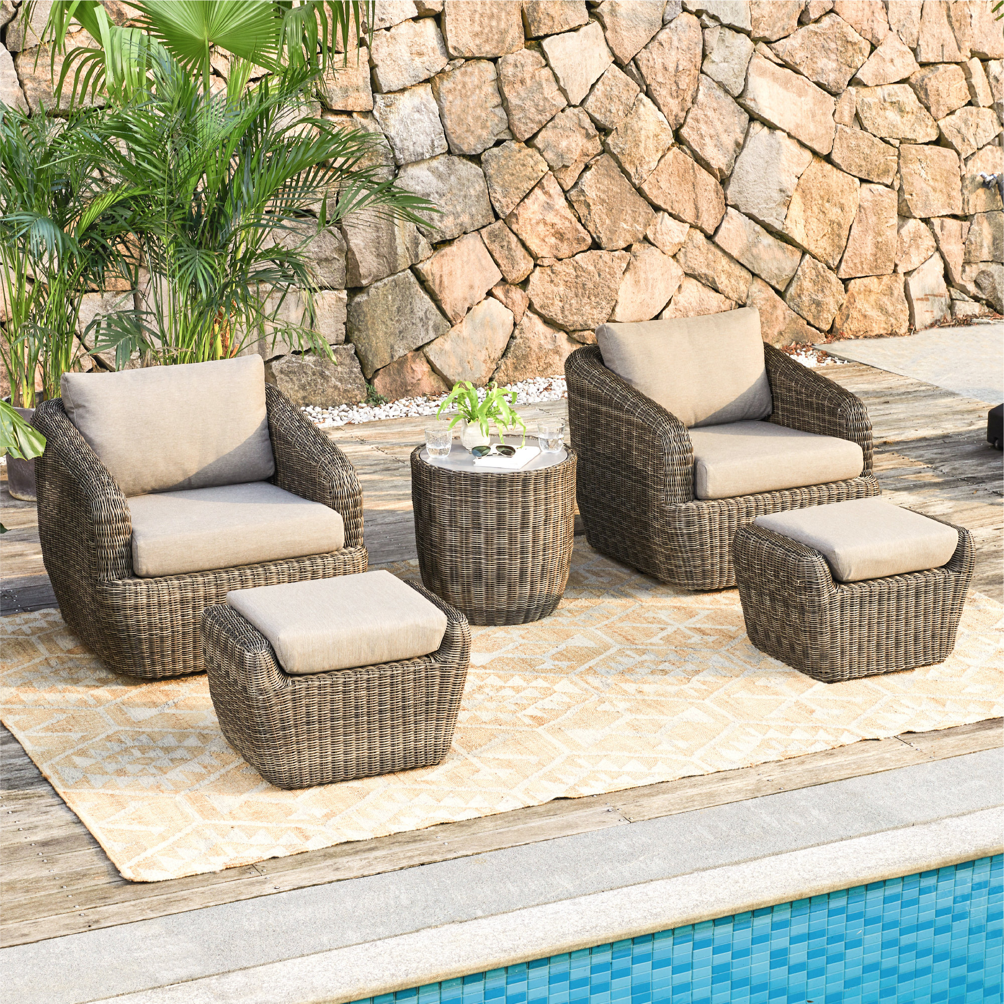 Double Rattan Chaise Lounger With Ottoman Outdoor Cushions